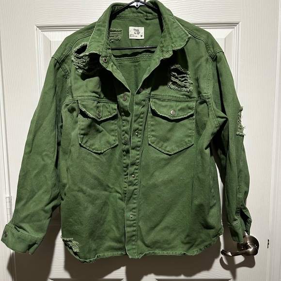 Olive green denim shacket - Picture 1 of 4